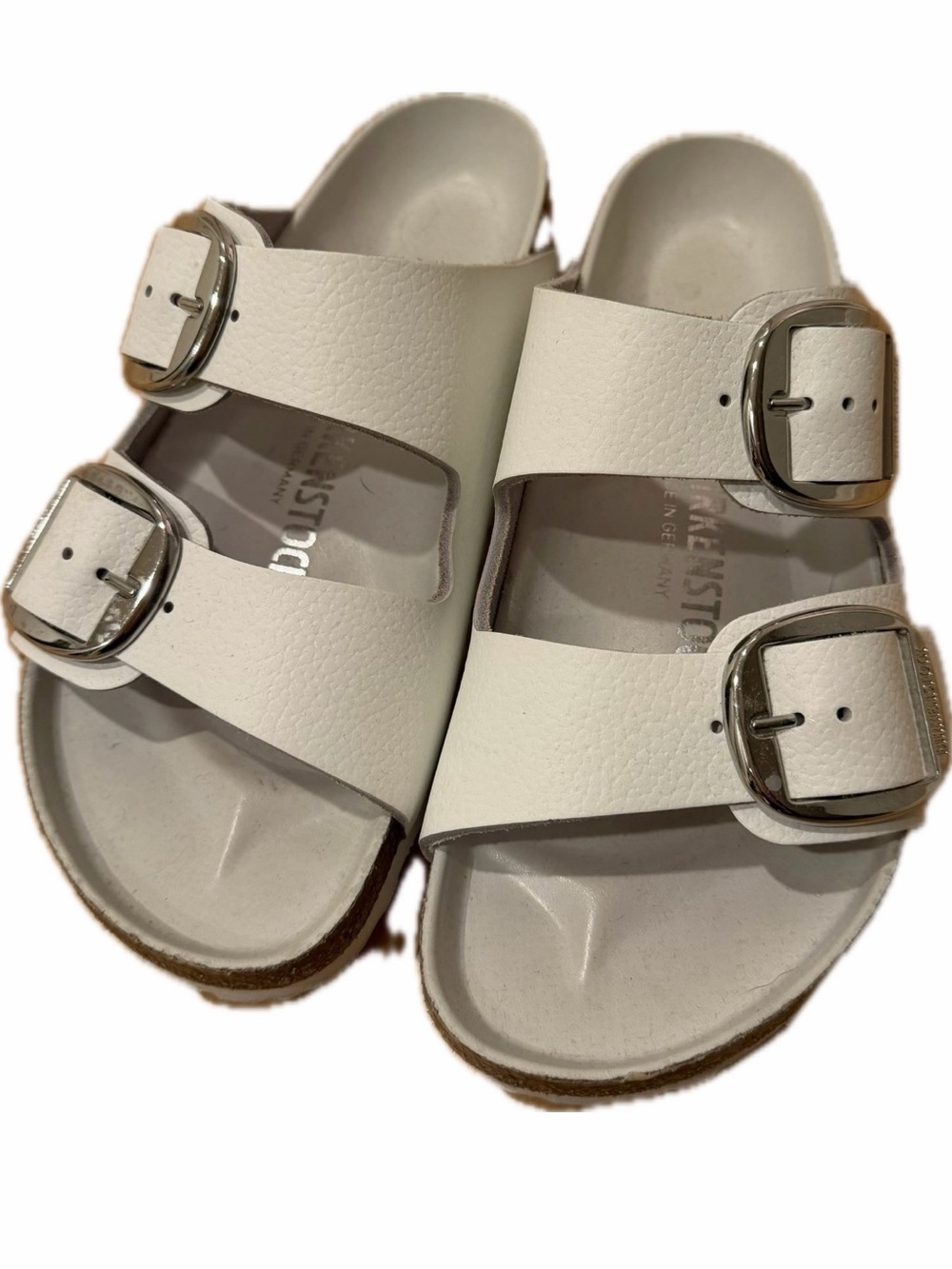 Birkenstock White Dual-Buckle Slide Sandals. Smooth leather